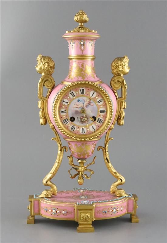 A late 19th century French ormolu mounted Sevres style porcelain mantel clock, width 8.25in. height 15.25in.